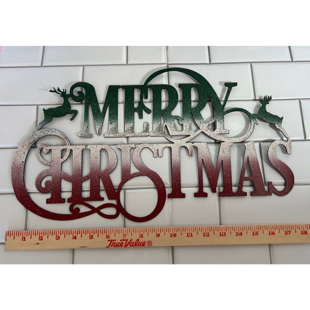 Merry Christmas Cut Out Red And Green Metal Sign Reindeer